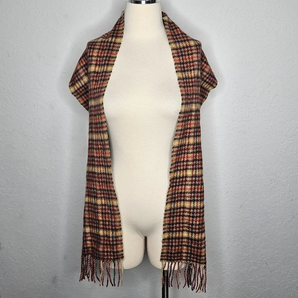 100% Cashmere Plaid Houndstooth Scarf Burgundy Orange Tan Fringe‎ Unisex
